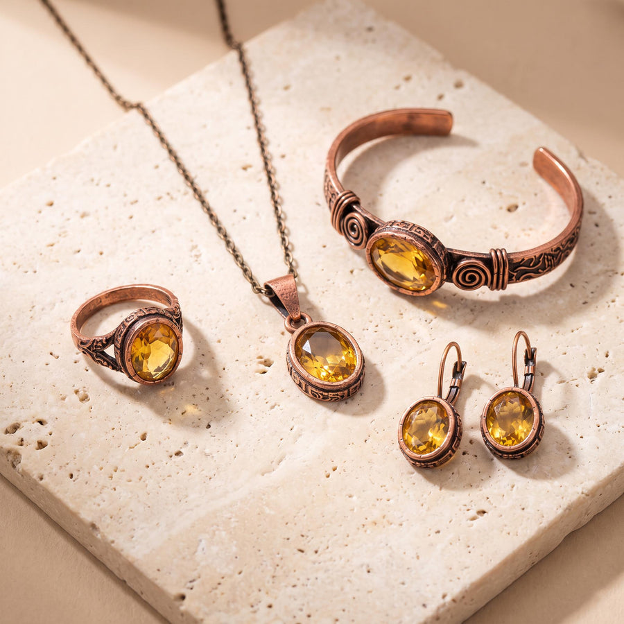 Sarı Topaz Taşlı Bakır Takı Seti, 4 Parça