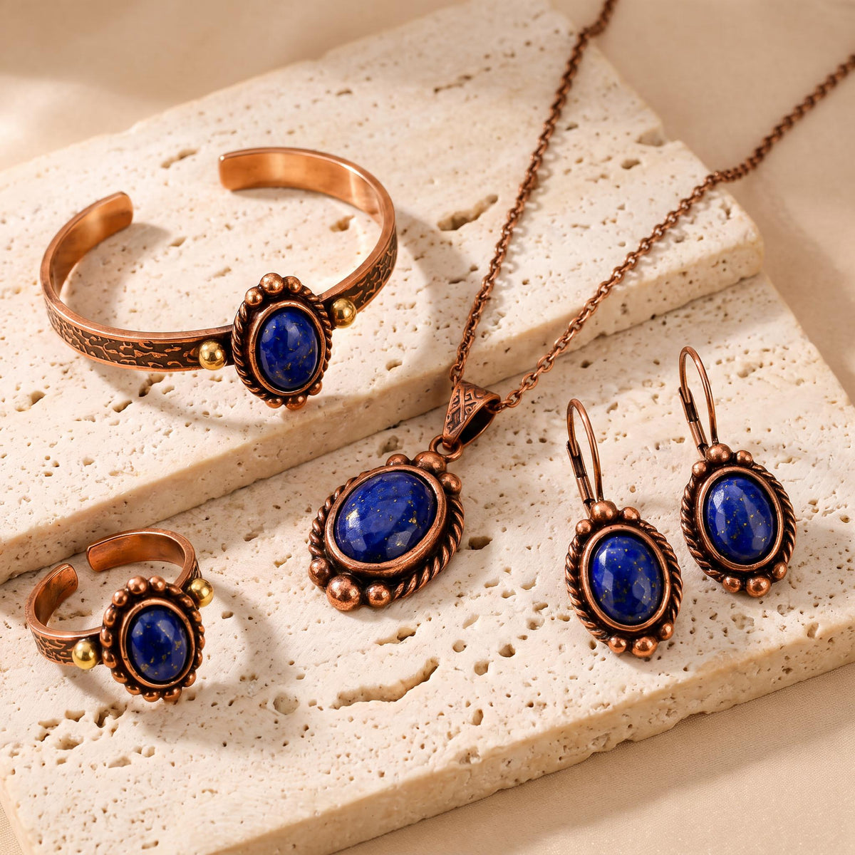 Lapis Lazuli Taşlı Bakır Takı Seti, 4 Parça